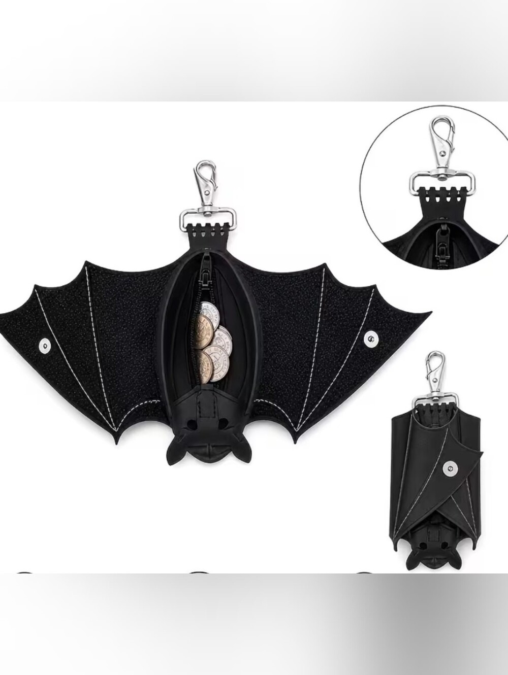 Leather Bat Keychain Change Pouch - Black - Picture 3 of 3